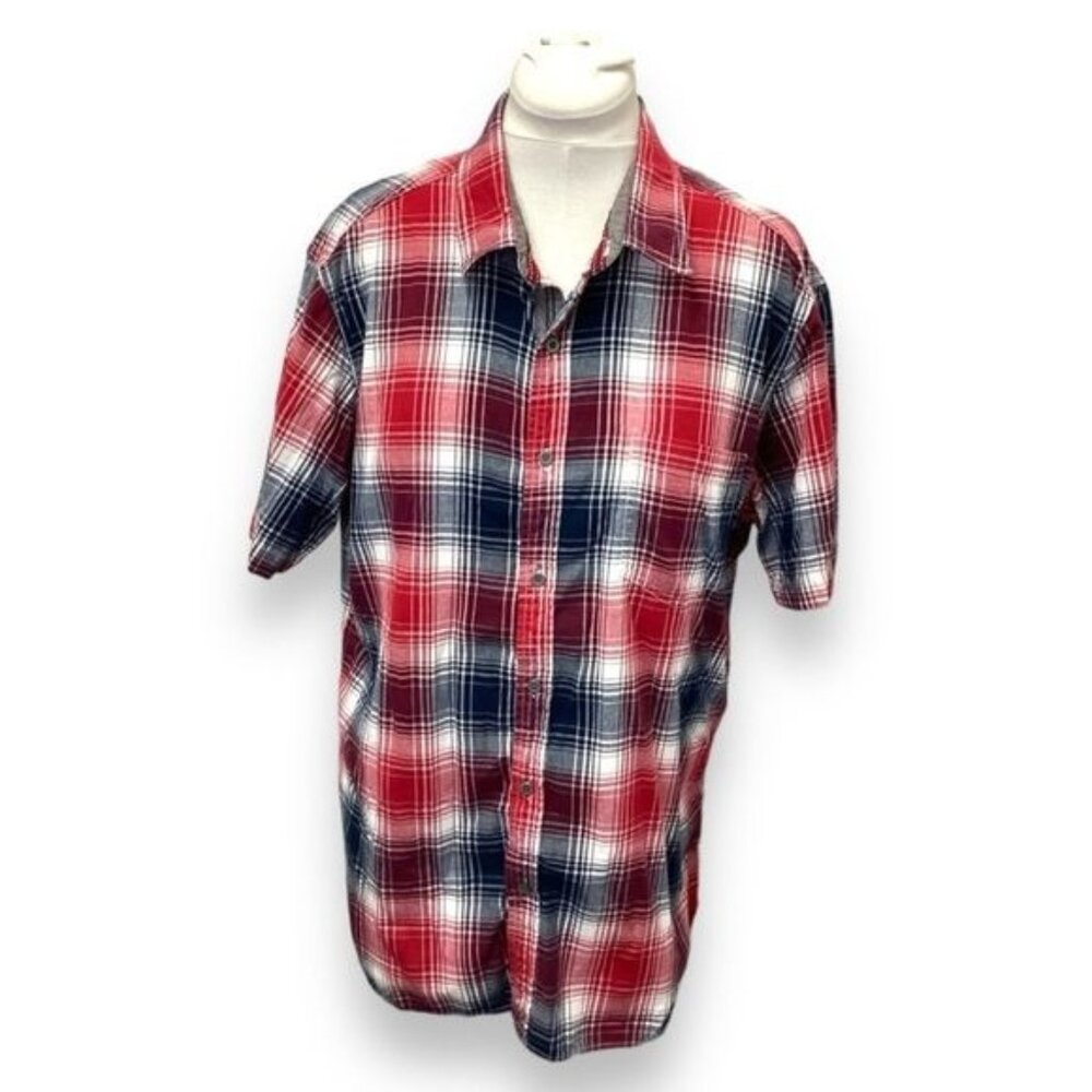 Mens Cactus Madras Plaid Short Sleeve Button-Up Shirt XXL Red & Blue Cotton